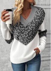 Patchwork Leopard Grey V Neck Long Sleeve Sweater