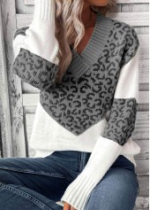 Grey tops,Leopard tops,Animal Print tops,Patchwork Leopard Grey V Neck Long Sleeve Sweater