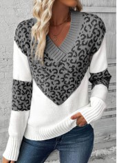 Grey tops,Leopard tops,Animal Print tops,Patchwork Leopard Grey V Neck Long Sleeve Sweater