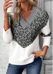 Grey tops,Leopard tops,Animal Print tops,Patchwork Leopard Grey V Neck Long Sleeve Sweater