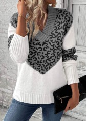 Grey tops,Leopard tops,Animal Print tops,Patchwork Leopard Grey V Neck Long Sleeve Sweater