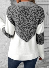 Grey tops,Leopard tops,Animal Print tops,Patchwork Leopard Grey V Neck Long Sleeve Sweater