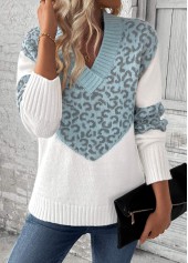 Light Blue tops,Leopard tops,Animal Print tops,Patchwork Leopard Light Blue V Neck Long Sleeve Sweater