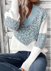 Light Blue tops,Leopard tops,Animal Print tops,Patchwork Leopard Light Blue V Neck Long Sleeve Sweater
