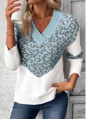 Light Blue tops,Leopard tops,Animal Print tops,Patchwork Leopard Light Blue V Neck Long Sleeve Sweater