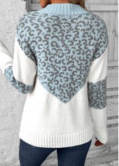 Light Blue tops,Leopard tops,Animal Print tops,Patchwork Leopard Light Blue V Neck Long Sleeve Sweater