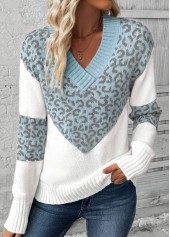 Light Blue tops,Leopard tops,Animal Print tops,Patchwork Leopard Light Blue V Neck Long Sleeve Sweater