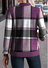 Purple tops,Plaid tops,ROTITA Zipper Plaid Purple Stand Collar Long Sleeve Jacket