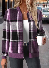 Purple tops,Plaid tops,ROTITA Zipper Plaid Purple Stand Collar Long Sleeve Jacket