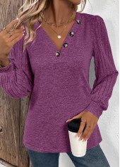 Purple tops,Plain Color tops,ROTITA Button Purple V Neck Long Sleeve T Shirt