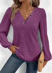 Purple tops,Plain Color tops,ROTITA Button Purple V Neck Long Sleeve T Shirt