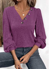 Purple tops,Plain Color tops,ROTITA Button Purple V Neck Long Sleeve T Shirt
