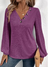 Purple tops,Plain Color tops,ROTITA Button Purple V Neck Long Sleeve T Shirt
