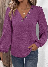 Purple tops,Plain Color tops,ROTITA Button Purple V Neck Long Sleeve T Shirt