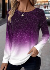 ROTITA Patchwork Ombre Purple Round Neck Long Sleeve T Shirt