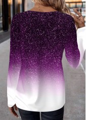 Purple tops,Ombre tops,ROTITA Patchwork Ombre Purple Round Neck Long Sleeve T Shirt