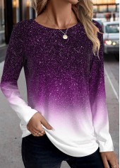 Purple tops,Ombre tops,ROTITA Patchwork Ombre Purple Round Neck Long Sleeve T Shirt