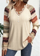 Beige plus size,Striped plus size,Geometric plus size,ROTITA Plus Size Embroidery Beige Striped V Neck T Shirt