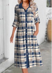 Multi Color dresses,Plaid dresses,Geometric dresses,Everyday dresses,Casual dresses,ROTITA Button Plaid Multi Color Shirt Collar Long Sleeve Dress