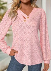 ROTITA Jacquard Light Pink V Neck Long Sleeve T Shirt