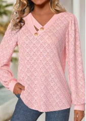 Light Pink tops,Plain Color tops,ROTITA Jacquard Light Pink V Neck Long Sleeve T Shirt
