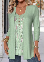 Light Green tops,Geometric tops,ROTITA Button Geometric Print Light Green Fake Two Piece Twinset