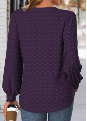 Purple tops,Plain Color tops,ROTITA Embroidery Purple Split Neck Long Sleeve Blouse
