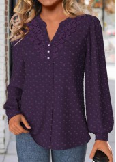 Purple tops,Plain Color tops,ROTITA Embroidery Purple Split Neck Long Sleeve Blouse