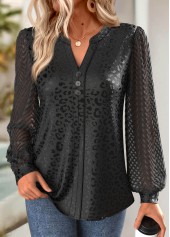 Rotita – Schwarze Jacquard-Bluse mit Schlitz am Hals und langen Ärmeln