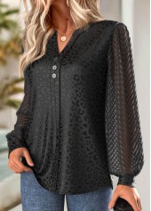 Black tops,Plain Color tops,ROTITA Jacquard Black Split Neck Long Sleeve Blouse