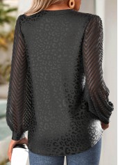 Black tops,Plain Color tops,ROTITA Jacquard Black Split Neck Long Sleeve Blouse