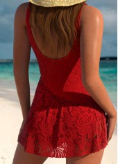Red swimwear,Plain Color swimwear,ROTITA Lace Red Surplice One Piece Swimdress