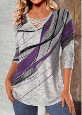 Dark Purple tops,Geometric tops,ROTITA Criss Cross Geometric Print Light Grey Marl T Shirt