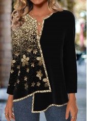 Black tops,Ombre tops,ROTITA Patchwork Ombre Black Split Neck Long Sleeve Blouse