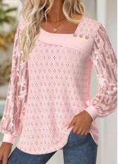 Light Pink tops,Plain Color tops,ROTITA Lace Light Pink Asymmetrical Neck Long Sleeve T Shirt