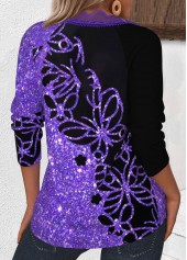 Purple tops,Animal Print tops,ROTITA Embroidery Butterfly Print Purple V Neck T Shirt