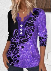 Purple tops,Animal Print tops,ROTITA Embroidery Butterfly Print Purple V Neck T Shirt