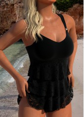 Black swimwear,Plain Color swimwear,ROTITA Lace V Neck Black Tankini Set