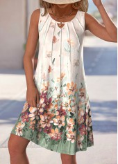 ROTITA Cut Out Floral Print Beige A Line Sleeveless Dress