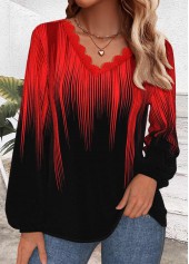 Red tops,Ombre tops,ROTITA Embroidery Ombre Red V Neck Long Sleeve T Shirt