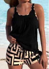 Black swimwear,Geometric swimwear,ROTITA Contrast Binding Black Geometric Print Tankini Set