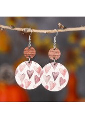 boucles d'oreilles rondes en bois rose clair avec imprimé coeur