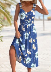 robe à bretelles à col en V bleu à imprimé floral et anneau circulaire rotita