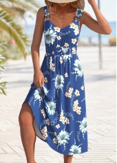 Blue dresses,Floral dresses,Plants dresses,Vacation dresses,Vacation dresses,ROTITA Circular Ring Floral Print Blue V Neck Strappy Dress