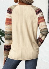 Beige plus size,Striped plus size,Geometric plus size,ROTITA Plus Size Embroidery Beige Striped V Neck T Shirt