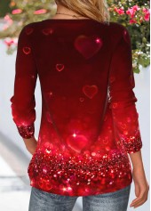 Deep Red tops,Heart tops,ROTITA Heart Print Deep Red Round Neck T Shirt