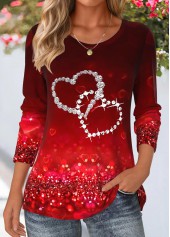 ROTITA Heart Print Deep Red Round Neck T Shirt