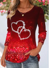 Deep Red tops,Heart tops,ROTITA Heart Print Deep Red Round Neck T Shirt