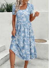 ROTITA Zipper Floral Print Dusty Blue Square Neck Dress