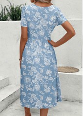 Dusty Blue dresses,Floral dresses,Plants dresses,Vacation dresses,Vacation dresses,ROTITA Zipper Floral Print Dusty Blue Square Neck Dress